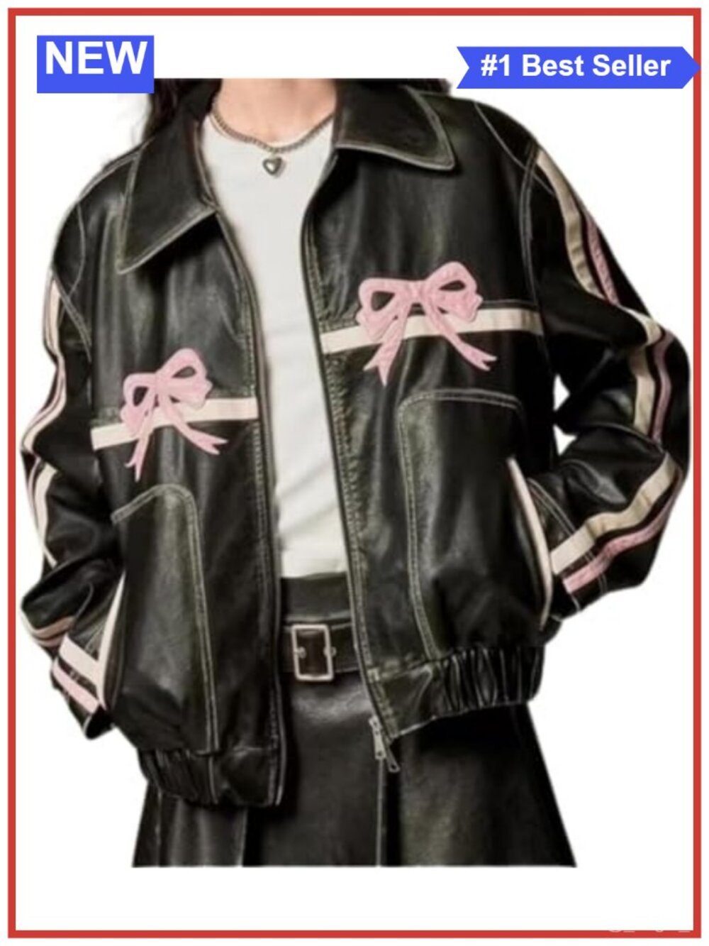 Faux Leather Graphic Moto Jacket Bowknot Oversized Crop
